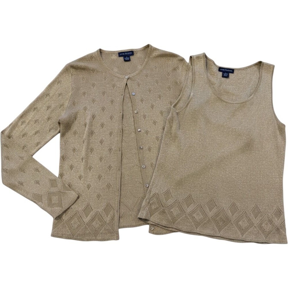 Ann Taylor Women Size M Gold Metallic Knit Cardigan Tank Top Sweater Set 2 Piece